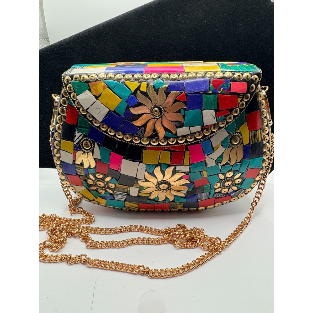 Ramla BOHO Mosaic Shell Clutch - Gold & Multicolor Inlay Statement Purse